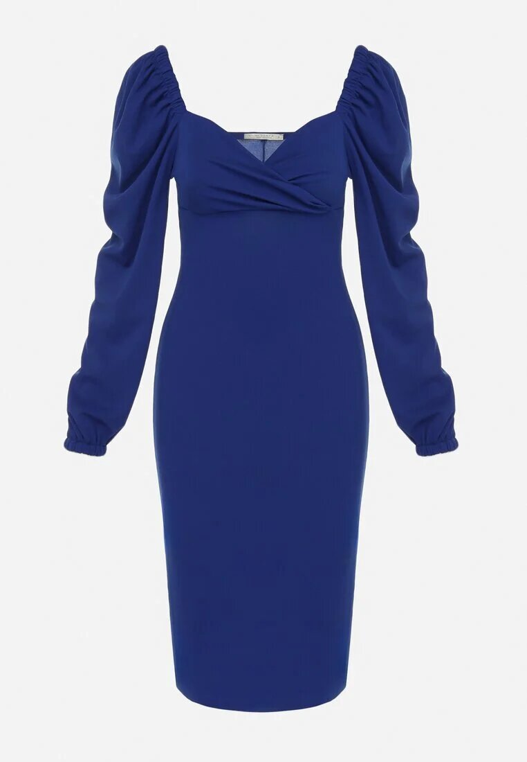 messaya Rochie Midi Bleumarin cu Top Petrecut și Mâneci Bufante Decorată cu Volane Azurma