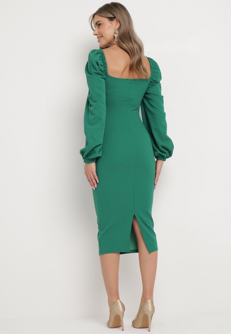 messaya Rochie Midi Verde cu Fason petrecut și Mâneci bufante Ornamentată cu Încrețituri Azurma