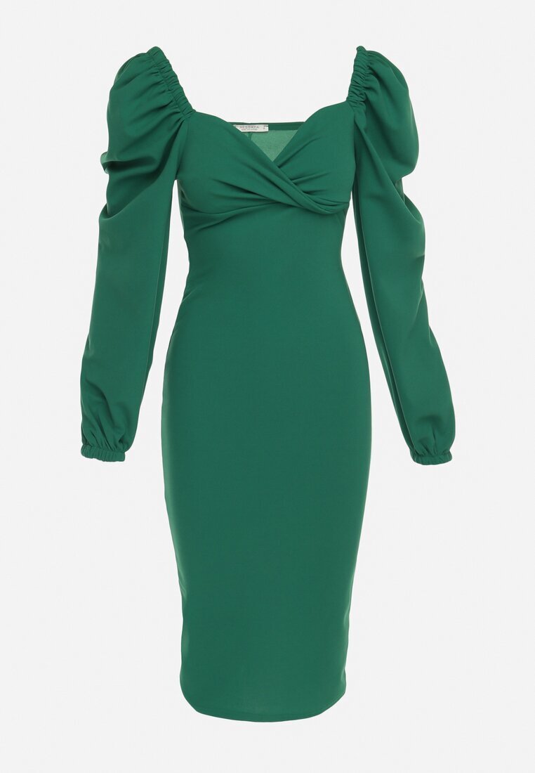 messaya Rochie Midi Verde cu Fason petrecut și Mâneci bufante Ornamentată cu Încrețituri Azurma