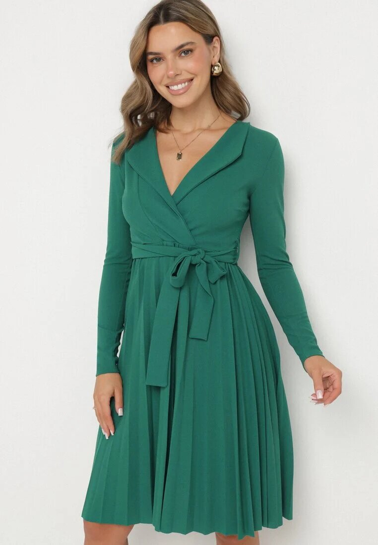 messaya Rochie Midi Verde cu tiv plisat și decolteu petrecut cu cordon din material Obebba