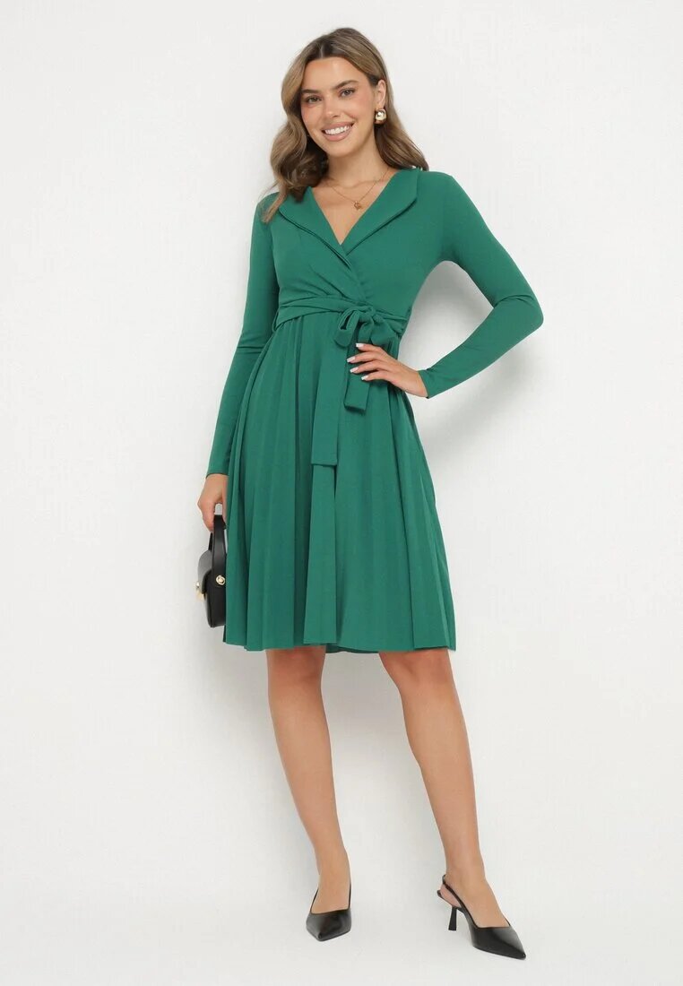 messaya Rochie Midi Verde cu tiv plisat și decolteu petrecut cu cordon din material Obebba