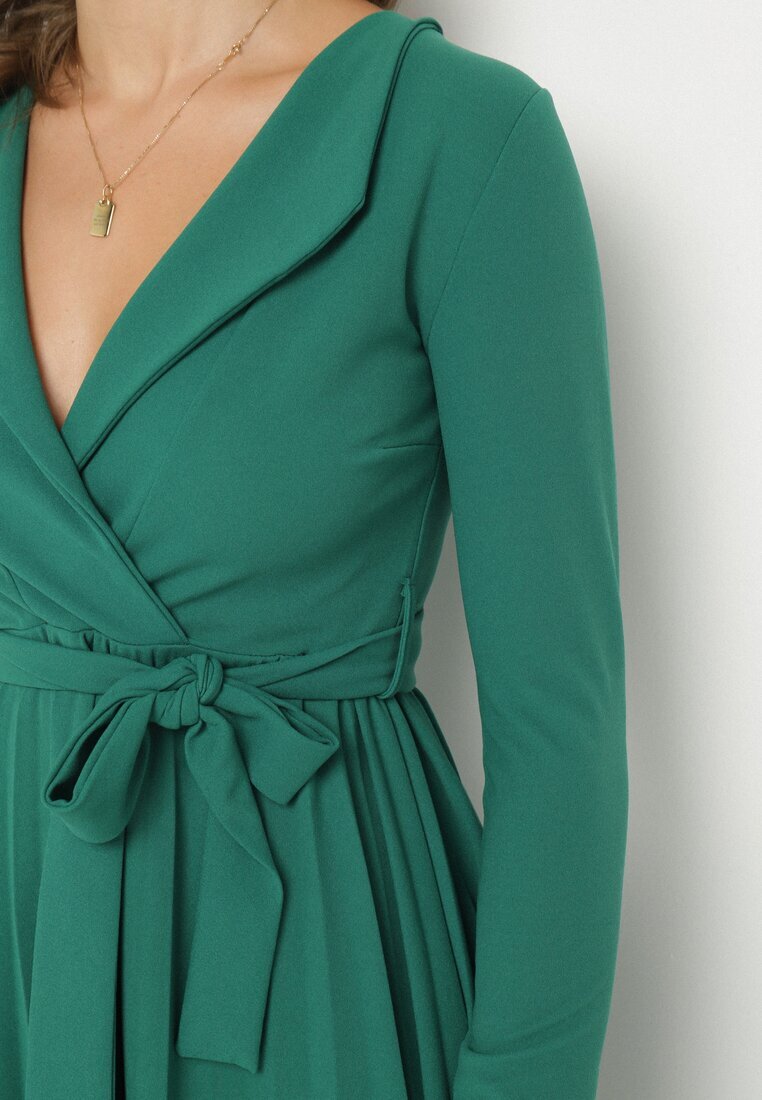 messaya Rochie Midi Verde cu tiv plisat și decolteu petrecut cu cordon din material Obebba