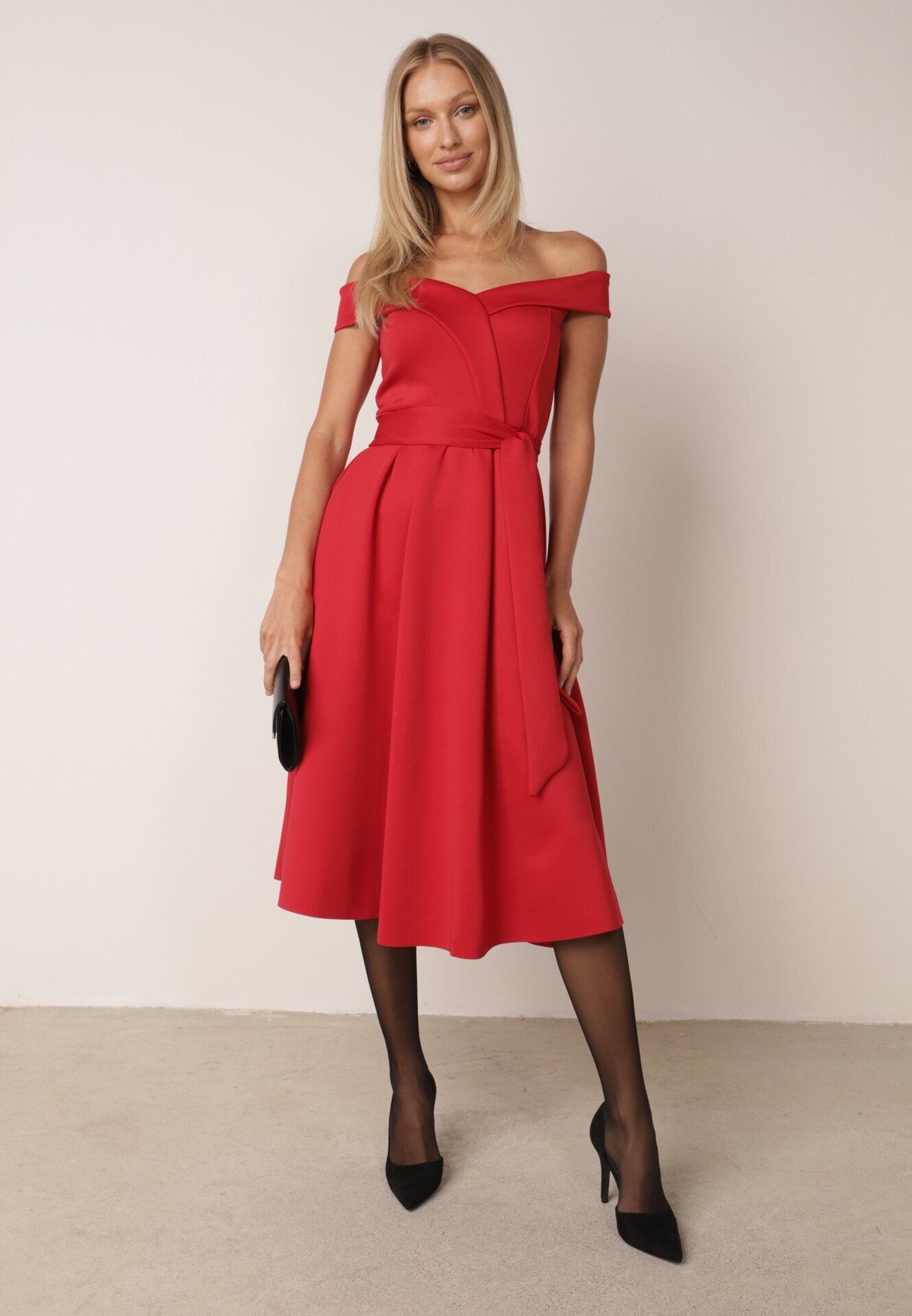 messaya Rochie roșie elegantă cu umerii goi și curea din material Xaelia