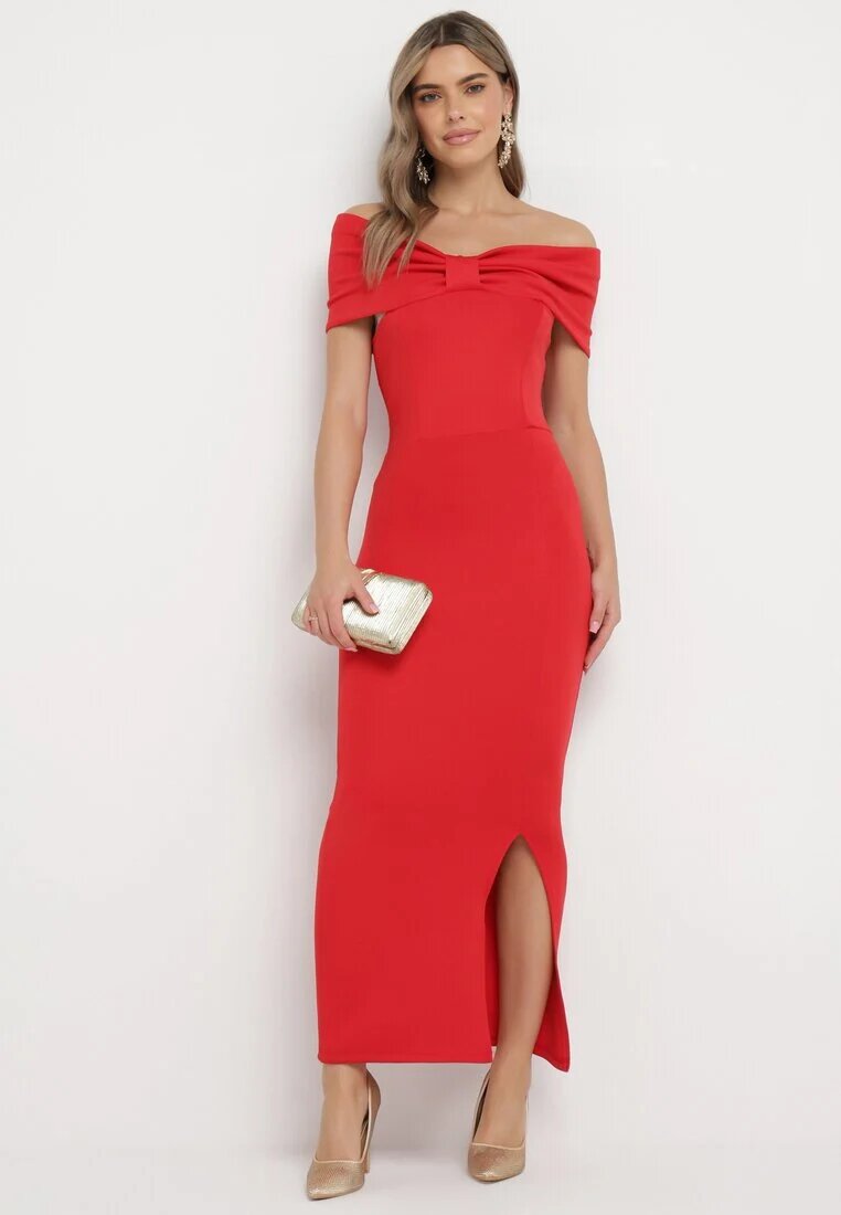 messaya Rochie Roșie Maxi Fără Bretele cu Fundă Decorativă și Șlit Marigore
