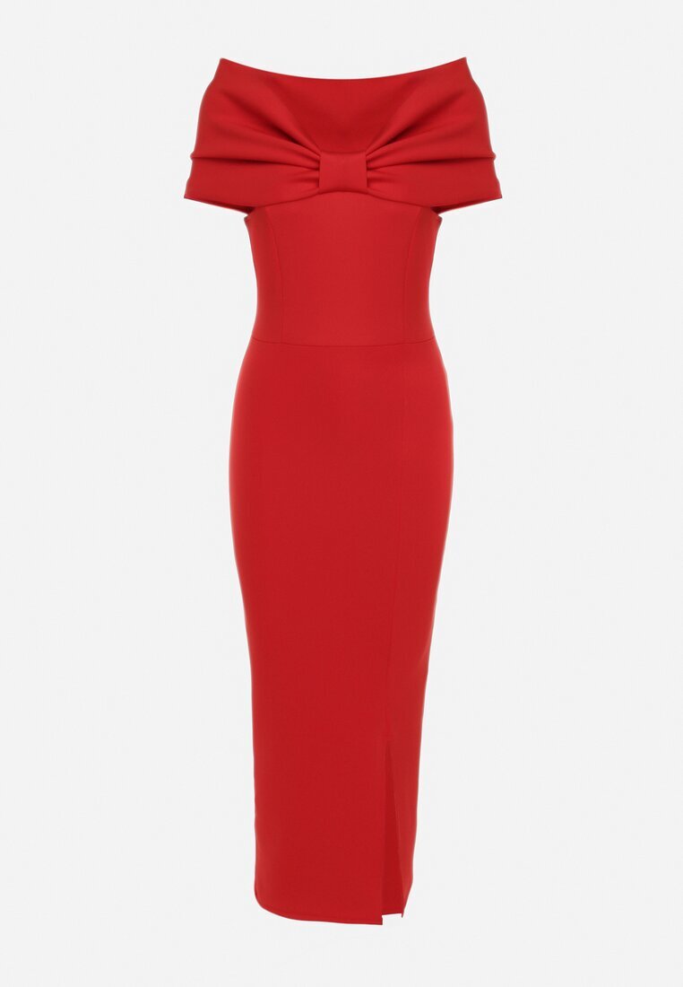 messaya Rochie Roșie Maxi Fără Bretele cu Fundă Decorativă și Șlit Marigore
