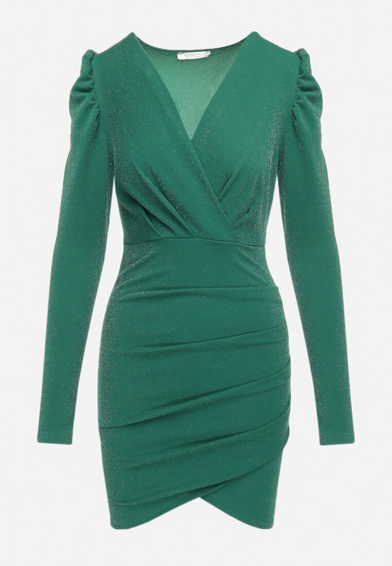 messaya Rochie Verde Cambrată Tip plic Mini cu Fir Metalic Noires