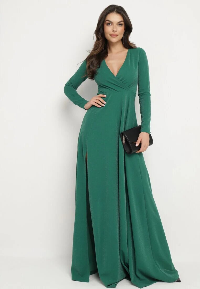 messaya Rochie Verde închis Evazată cu Decolteu în V și Șliț Decorată cu Fir Metalic Emilandra