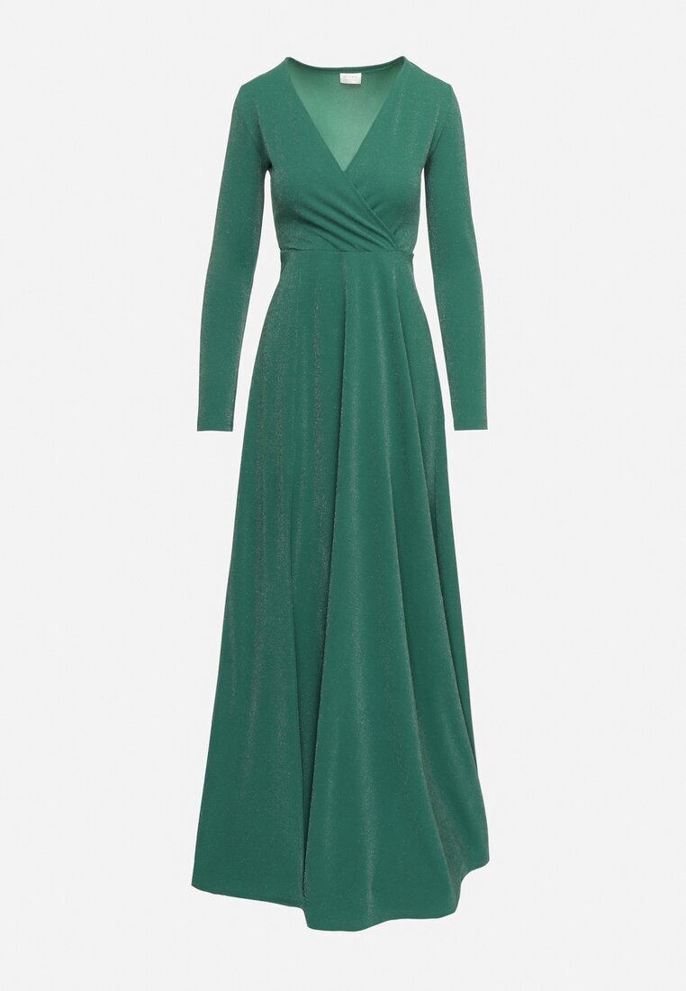 messaya Rochie Verde închis Evazată cu Decolteu în V și Șliț Decorată cu Fir Metalic Emilandra