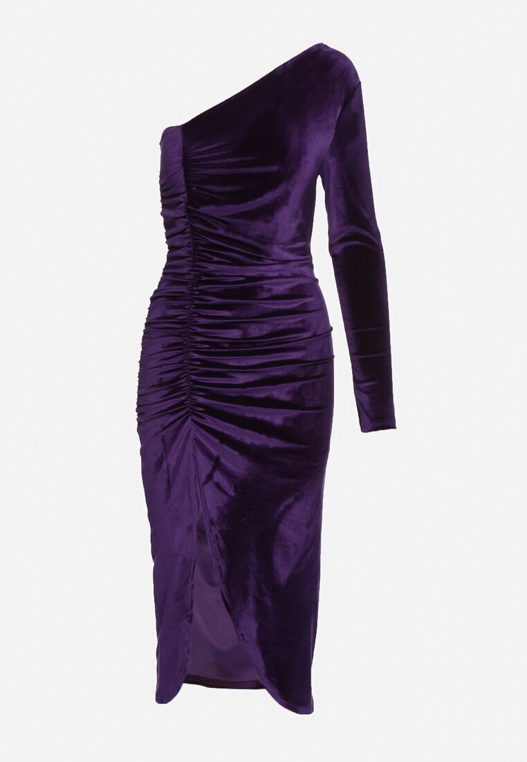 messaya Rochie violet din velur cu croi asimetric cu șliț și drapaj Folinda