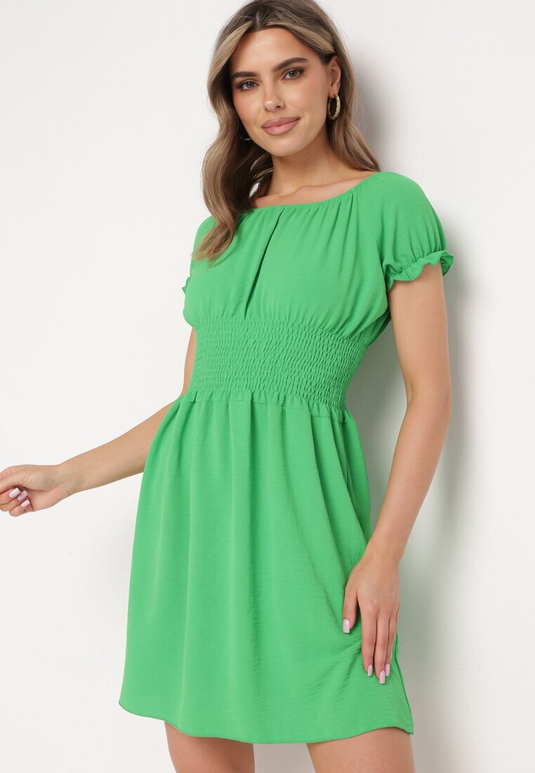 metro five Rochie Evazată Verde Tip Spaniol cu Elastic în Talie Tiadella