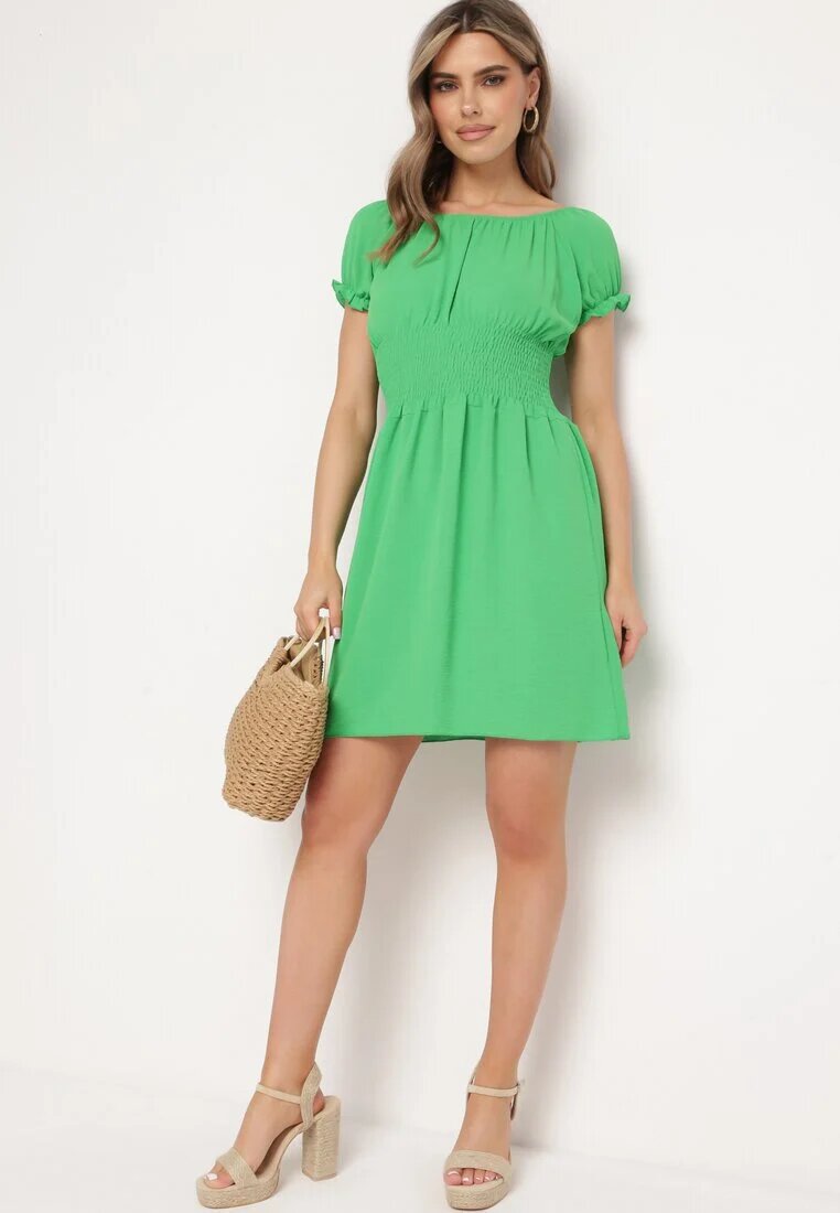 metro five Rochie Evazată Verde Tip Spaniol cu Elastic în Talie Tiadella