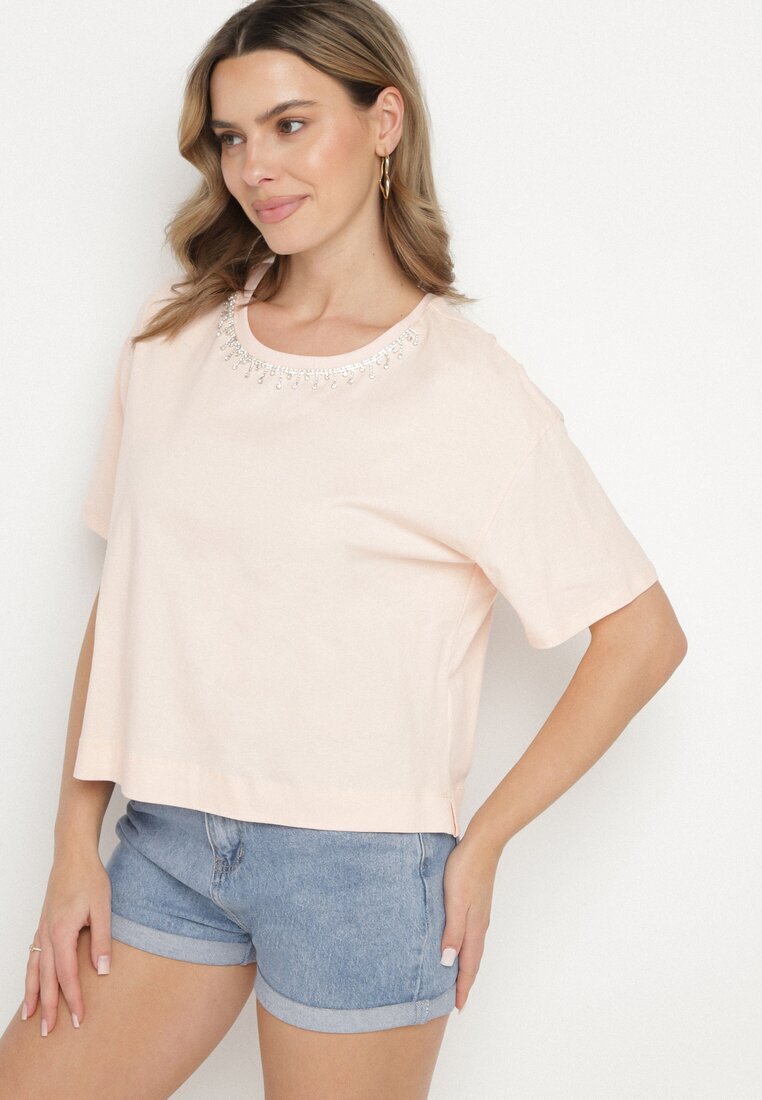metro five T-shirt Bej din bumbac decorat cu cristale Fadelis