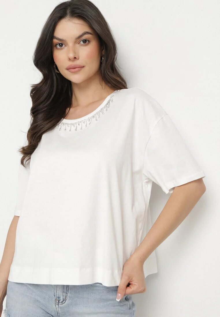 metro five Tricou Alb din bumbac Decorat cu zirconii Fadelis