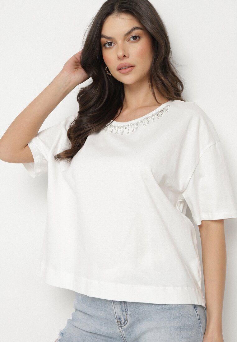metro five Tricou Alb din bumbac Decorat cu zirconii Fadelis