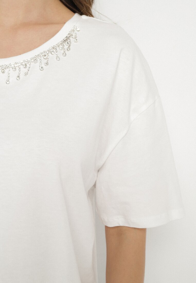 metro five Tricou Alb din bumbac Decorat cu zirconii Fadelis