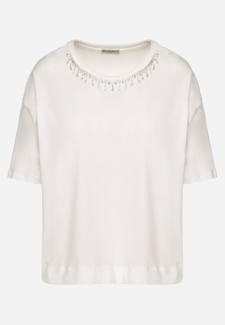 metro five Tricou Alb din bumbac Decorat cu zirconii Fadelis