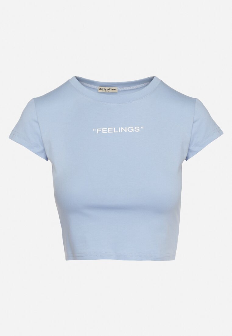 metro five Tricou Albastru Mulat Cropped cu Imprimeu în Față Yaloena