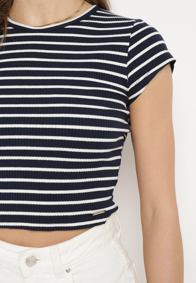 metro five Tricou de bumbac Albastru marin-alb reiat cu croială scurtă Quedara