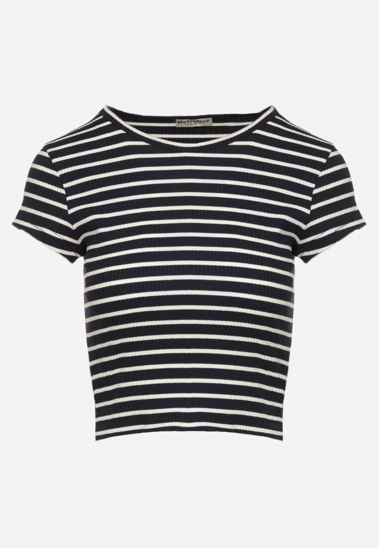 metro five Tricou de bumbac Albastru marin-alb reiat cu croială scurtă Quedara