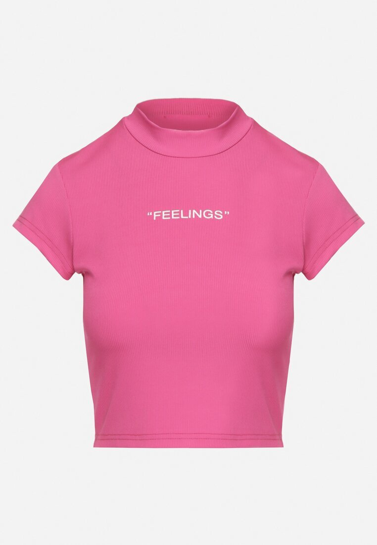 metro five Tricou fuchsia cu croi scurt și mulat cu text Ebira