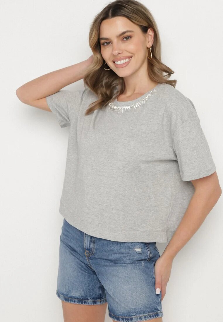 metro five Tricou Gri de bumbac Decorat Cu zirconii Fadelis