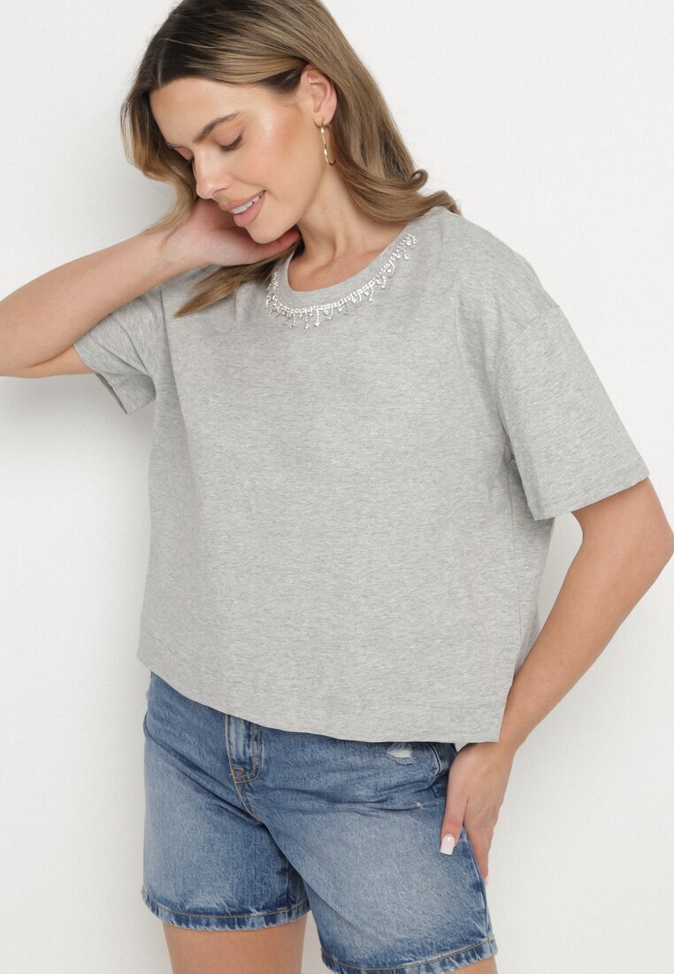 metro five Tricou Gri de bumbac Decorat Cu zirconii Fadelis