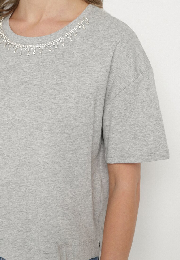 metro five Tricou Gri de bumbac Decorat Cu zirconii Fadelis