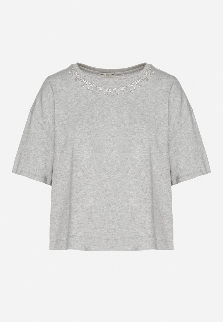 metro five Tricou Gri de bumbac Decorat Cu zirconii Fadelis