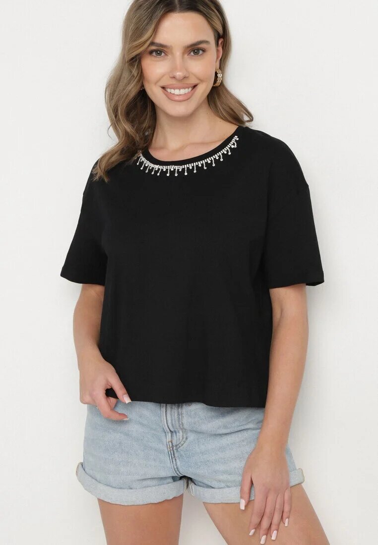 metro five Tricou Negru din bumbac împodobit cu strasuri Fadelis