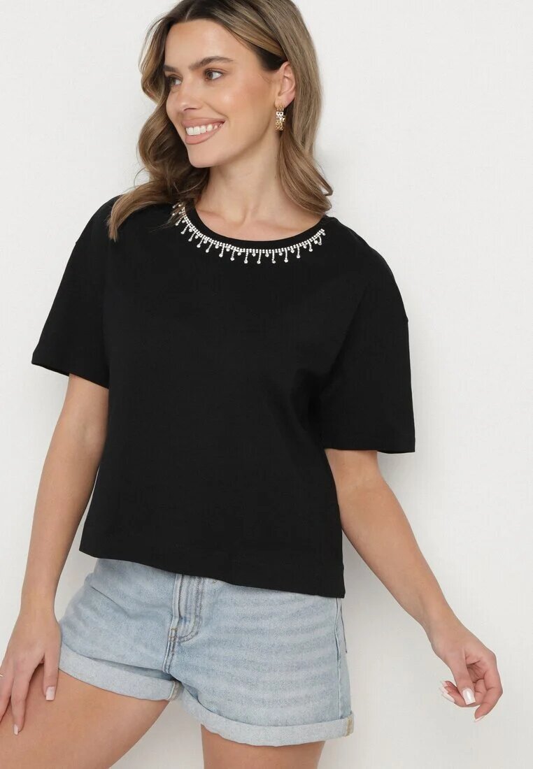 metro five Tricou Negru din bumbac împodobit cu strasuri Fadelis