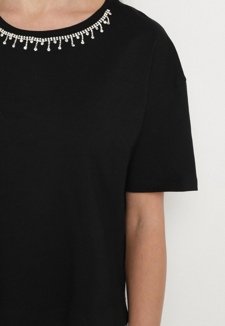 metro five Tricou Negru din bumbac împodobit cu strasuri Fadelis