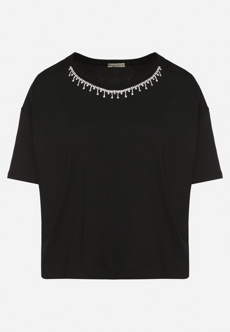 metro five Tricou Negru din bumbac împodobit cu strasuri Fadelis