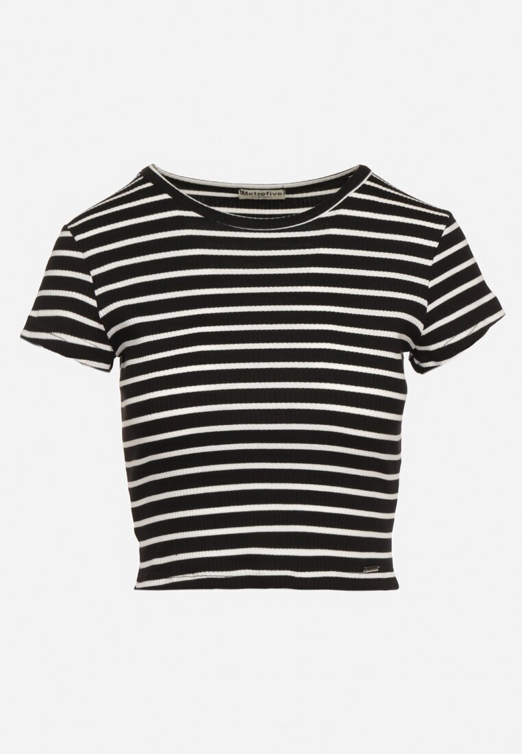 metro five Tricou negru și alb din bumbac reiat cropped Quedara