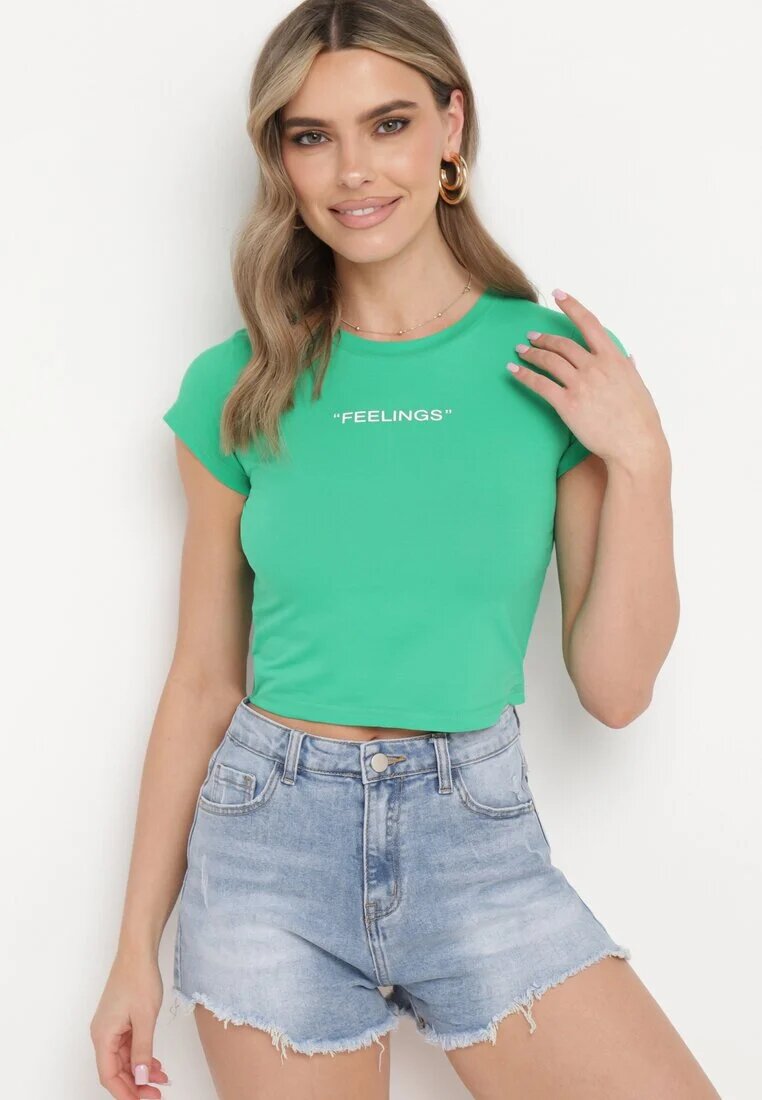 metro five Tricou Verde Ajustat Cropped cu Imprimeu în Față Yaloena