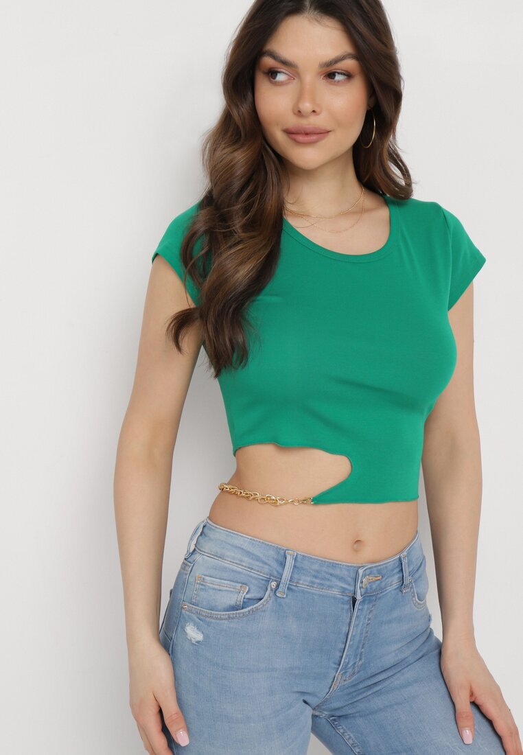 metro five Tricou Verde de bumbac cu Decolteu Asimetric și Lănțișor Decorativ Glitia