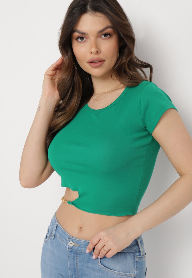 metro five Tricou Verde de bumbac cu Decolteu Asimetric și Lănțișor Decorativ Glitia