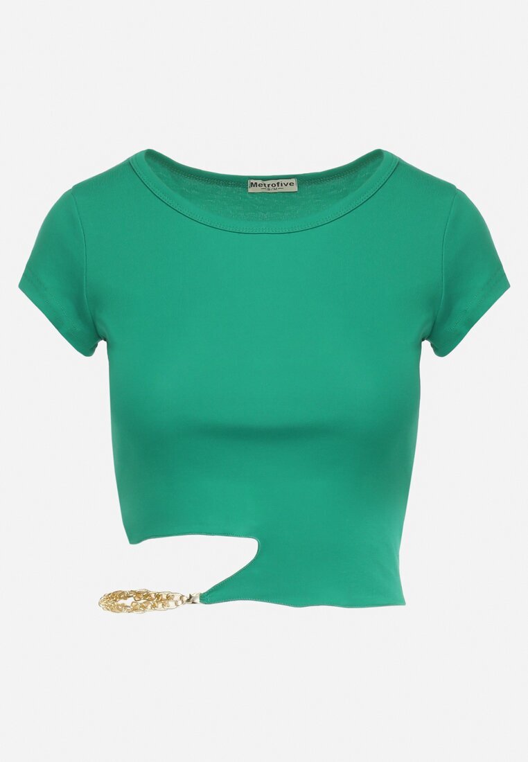 metro five Tricou Verde de bumbac cu Decolteu Asimetric și Lănțișor Decorativ Glitia