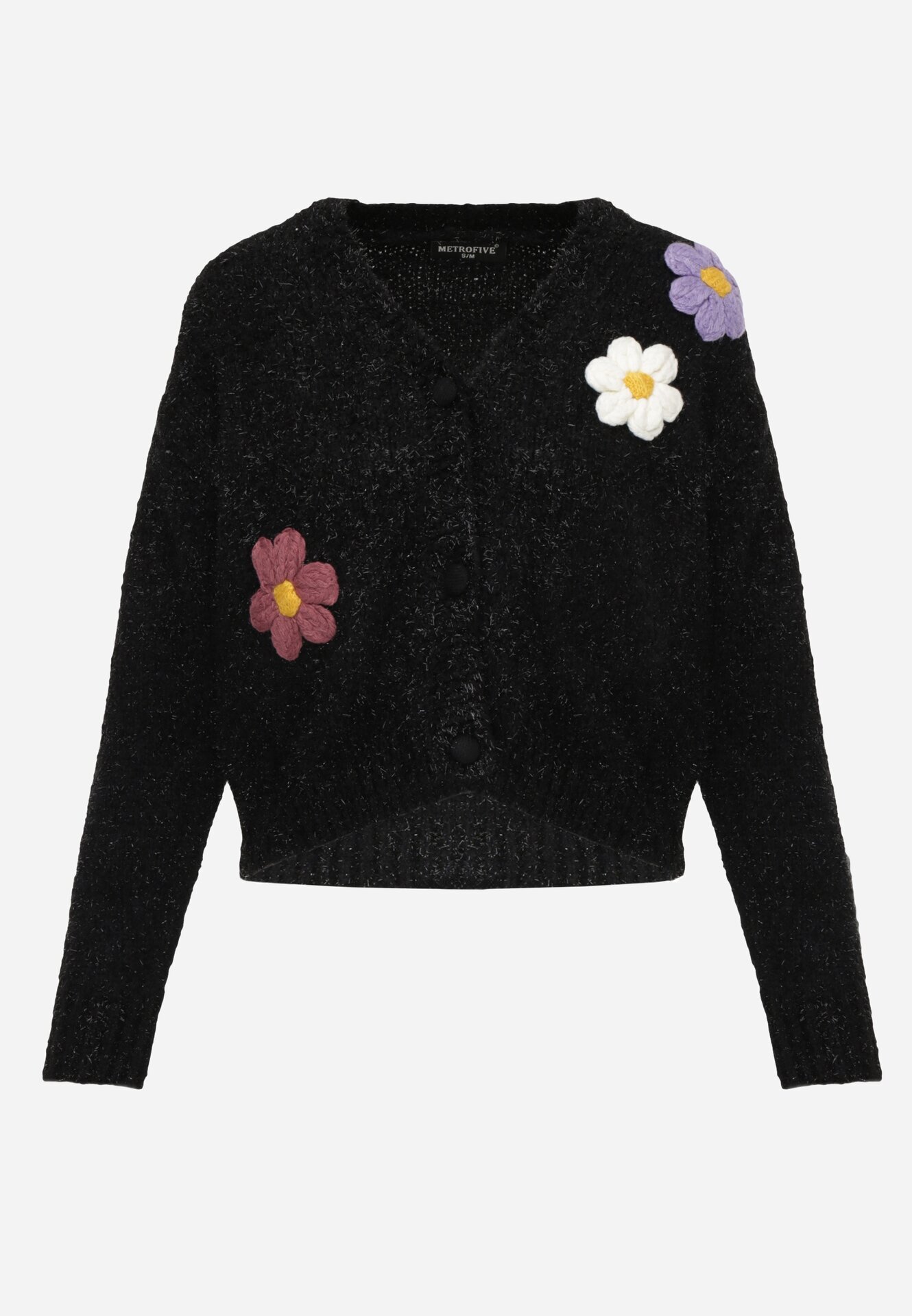 metrofive Cardigan cu adaos de lână decorat cu flori 3D cu fir metalic Kaye Negru