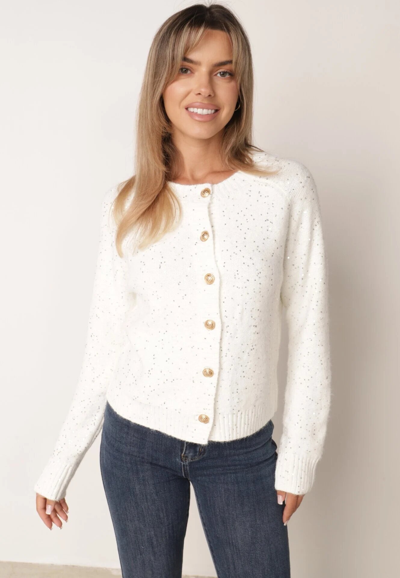 metrofive Cardigan oversize decorat cu paiete cu adaos de lână Arawen Alb