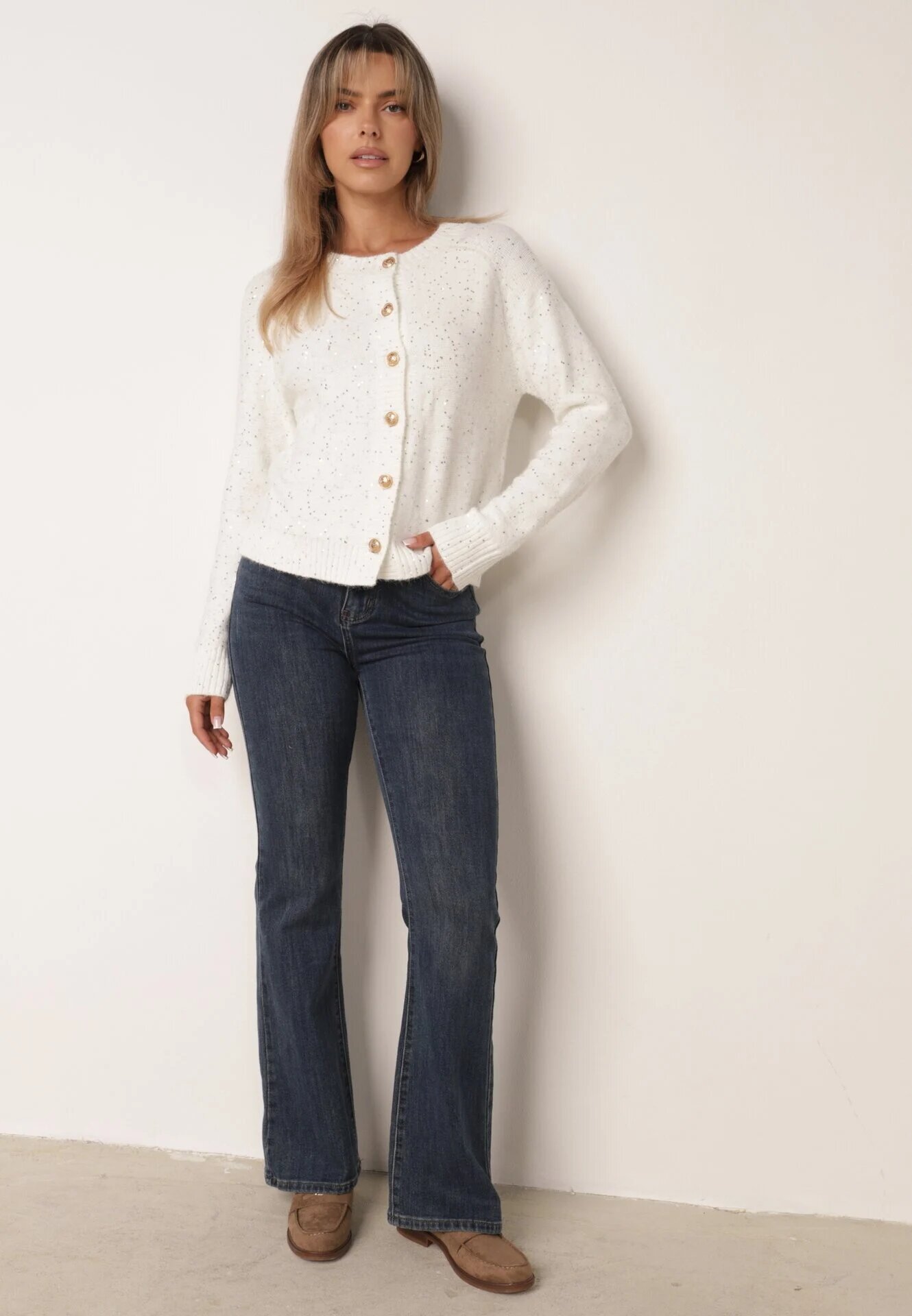 metrofive Cardigan oversize decorat cu paiete cu adaos de lână Arawen Alb