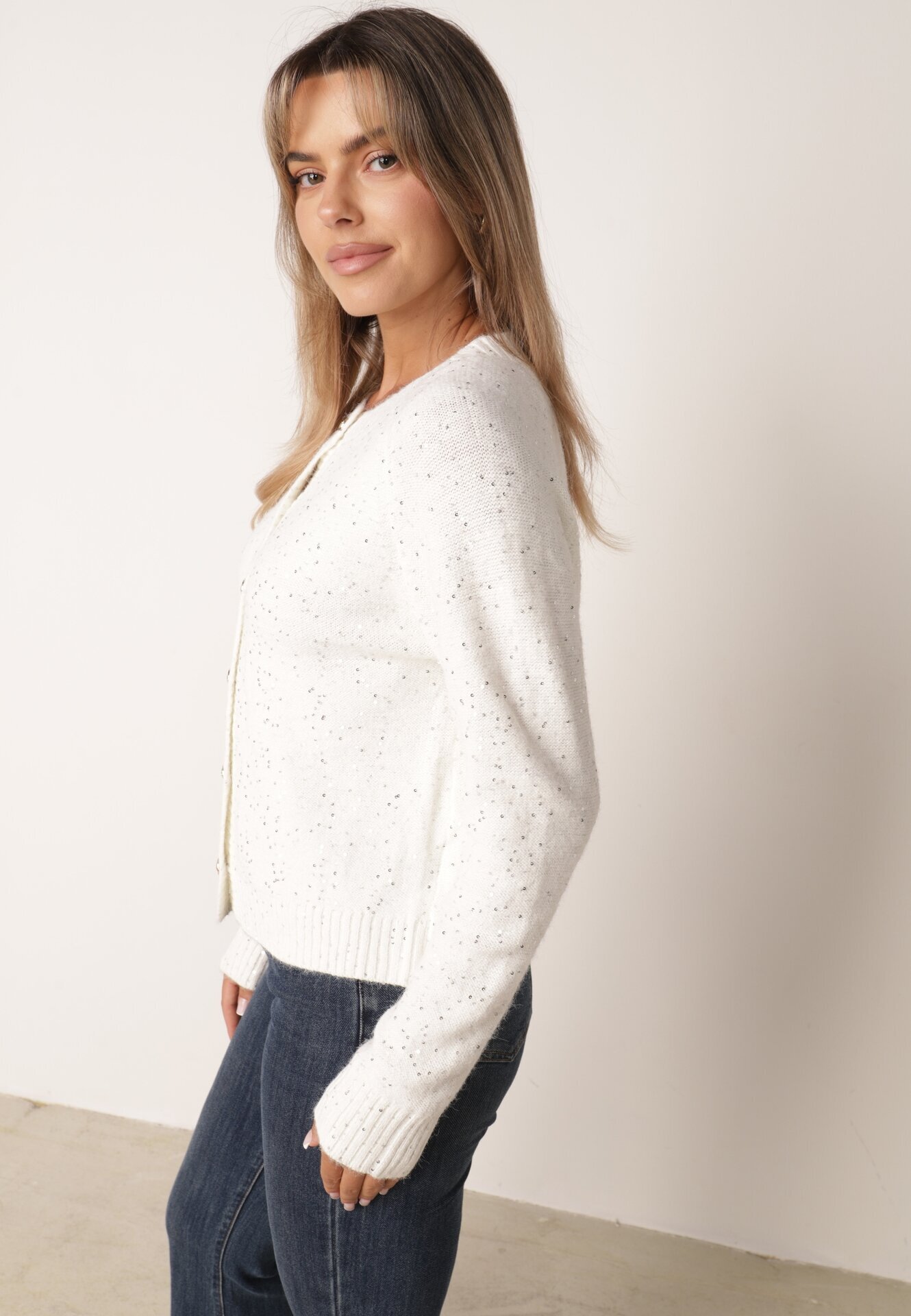 metrofive Cardigan oversize decorat cu paiete cu adaos de lână Arawen Alb