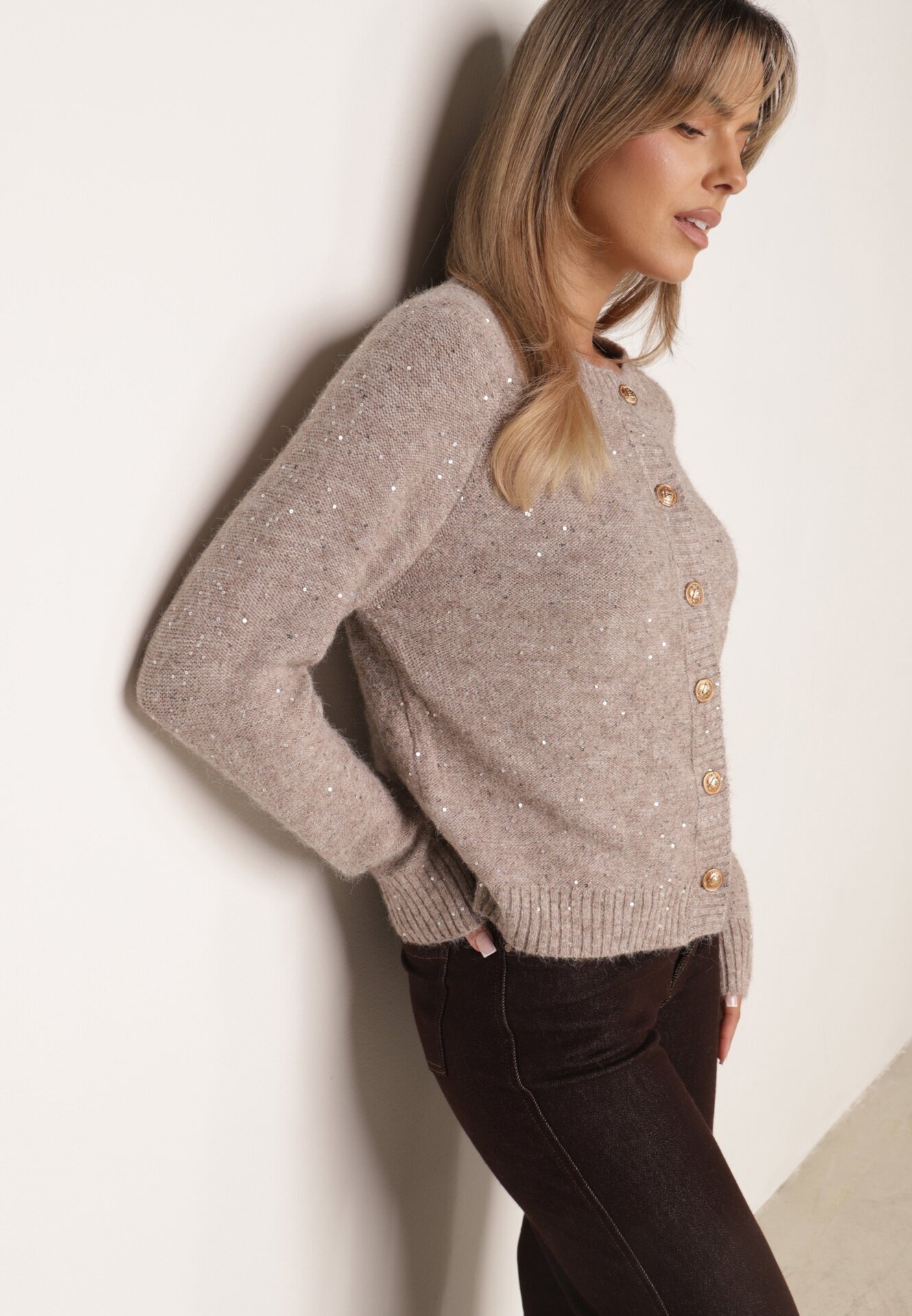 metrofive Cardigan oversize decorat cu paiete cu adaos de lână Arawen Bej închis