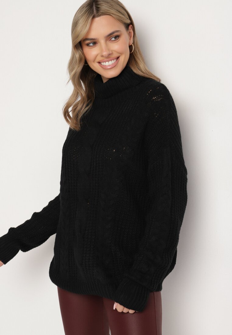 metrofive Pulover guler înalt Negru cu Viscoză cu croială Oversize cu model în relief Rivlemi