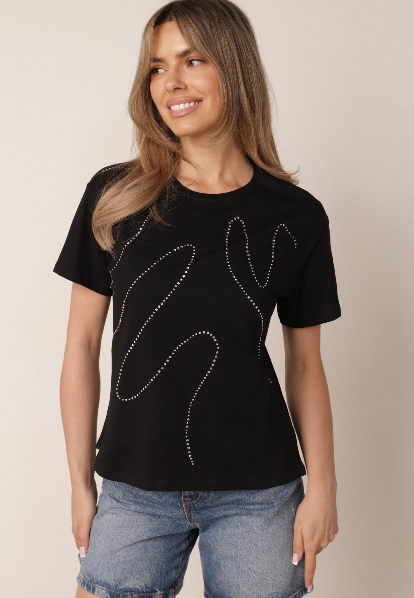 metrofive T-shirt din bumbac decorat cu cyrkonii Monomene Negru