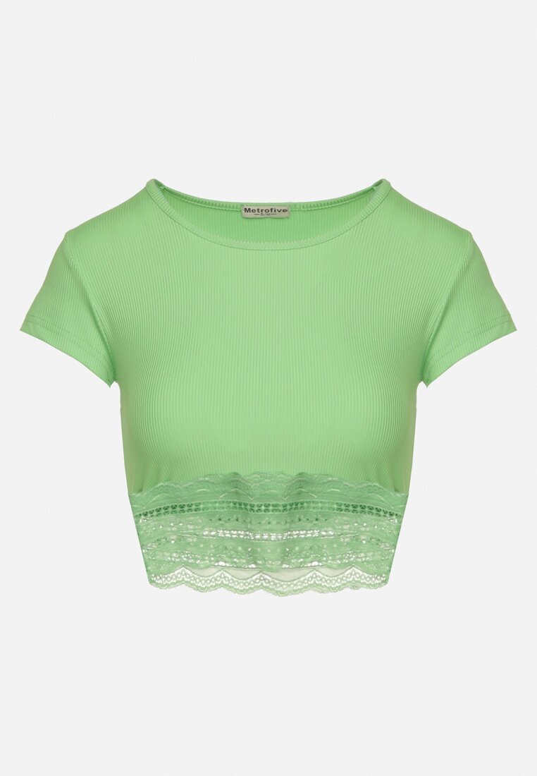 metrofive T-shirt Top Verde cu Mânecă Scurtă cu dantelă la bază Vavilla