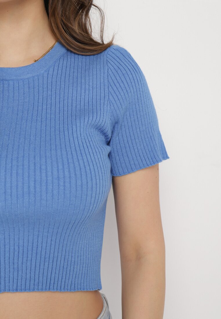 metrofive Tricou Scurt Albastru din Tricot Reiat Clutia