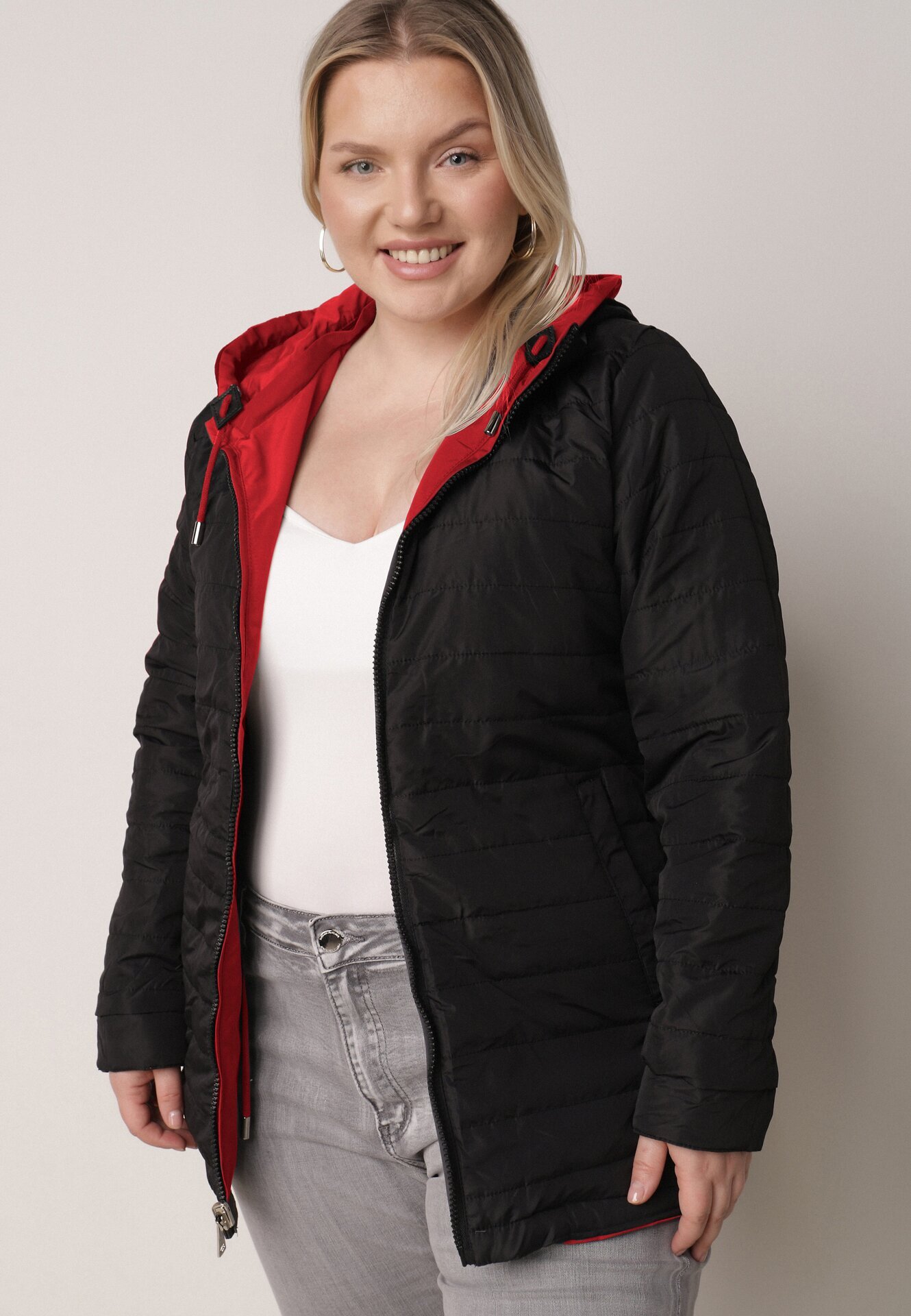 mhm Geacă de tranziție reversibilă stil parka roșu-negru cu matlasare pe interior Zidelle