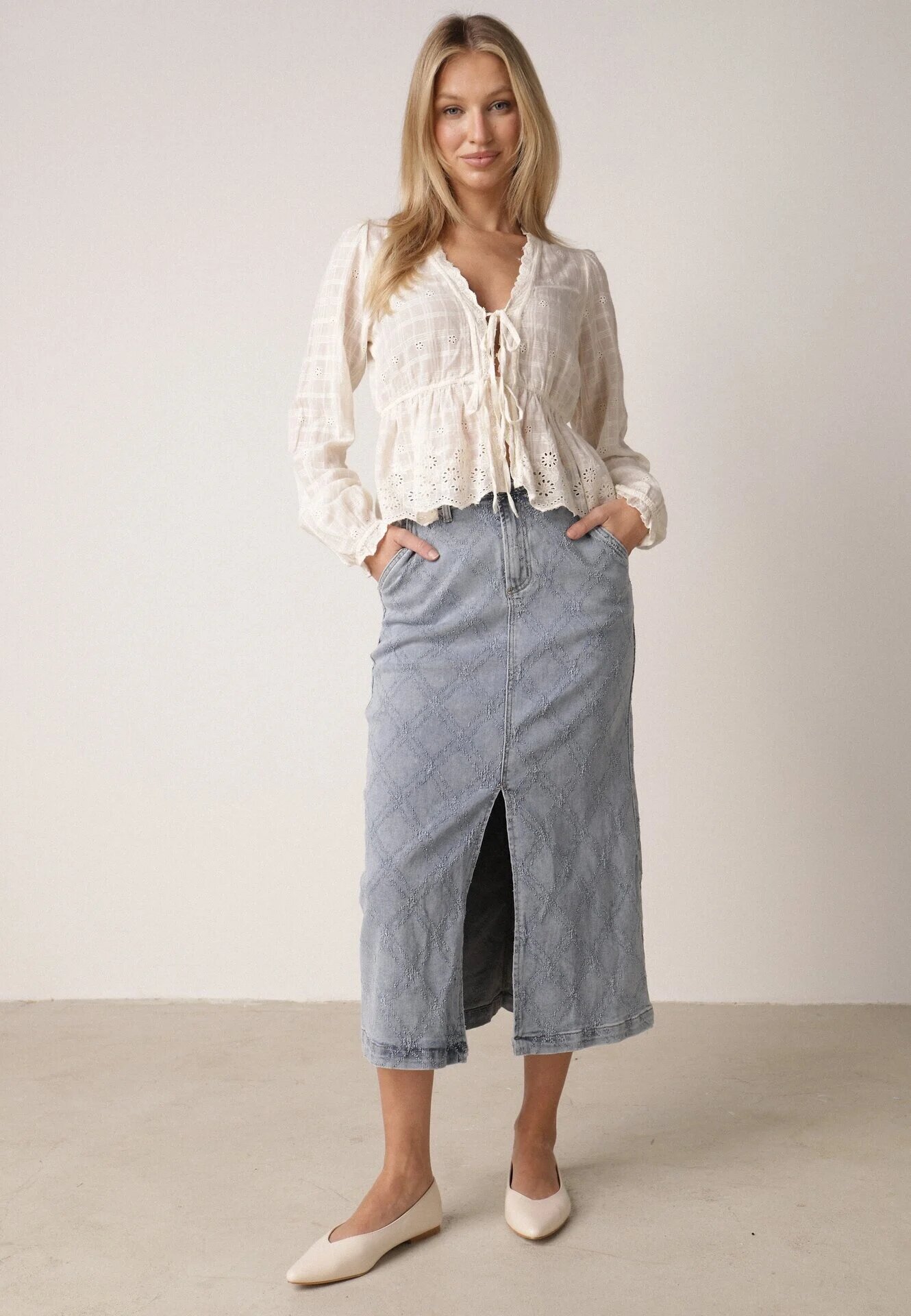 milas91 Fustă Jeans de Bumbac Albastră cu Romburi și Despicătură în Față Arissbeth