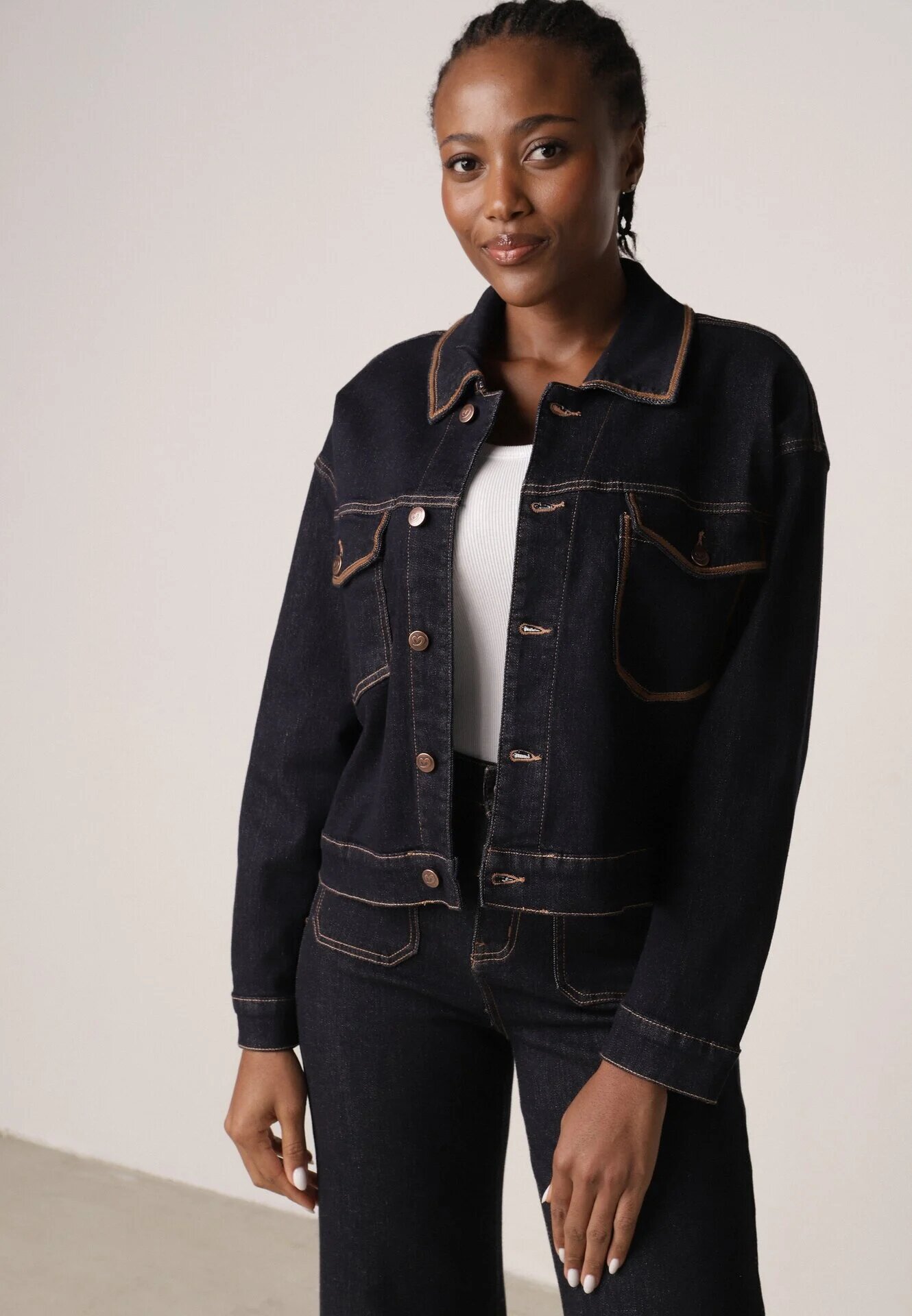 milas91 Geacă Albastră Denim cu Bumbac Decorată cu Borduri Contrastante Nedore