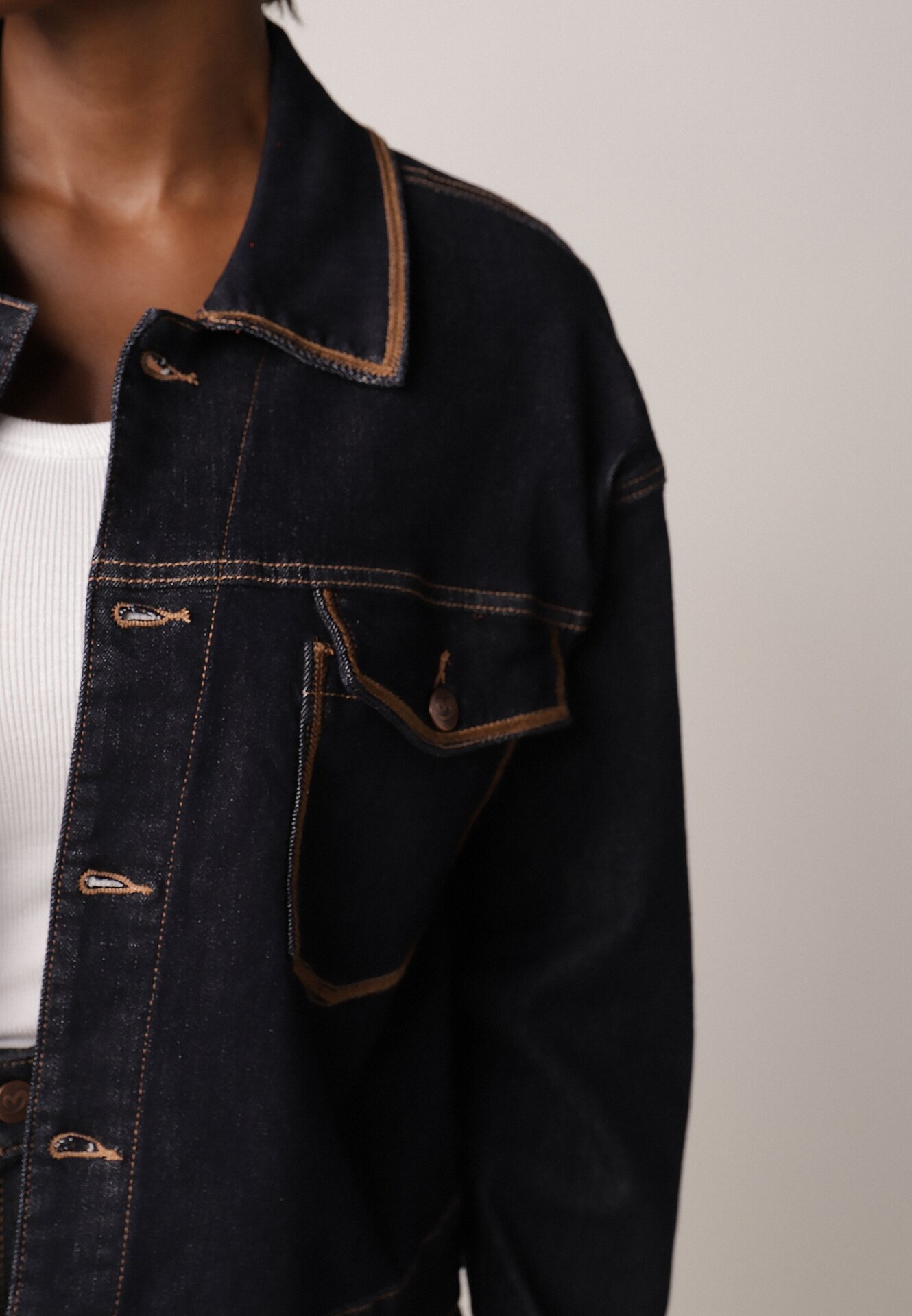 milas91 Geacă Albastră Denim cu Bumbac Decorată cu Borduri Contrastante Nedore